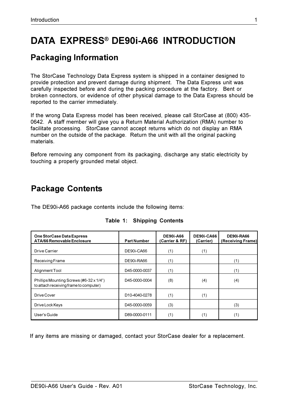 Data express, De90i-a66 introduction, Packaging information | Package contents | StorCase Technology DE90i-A66 User Manual | Page 8 / 23