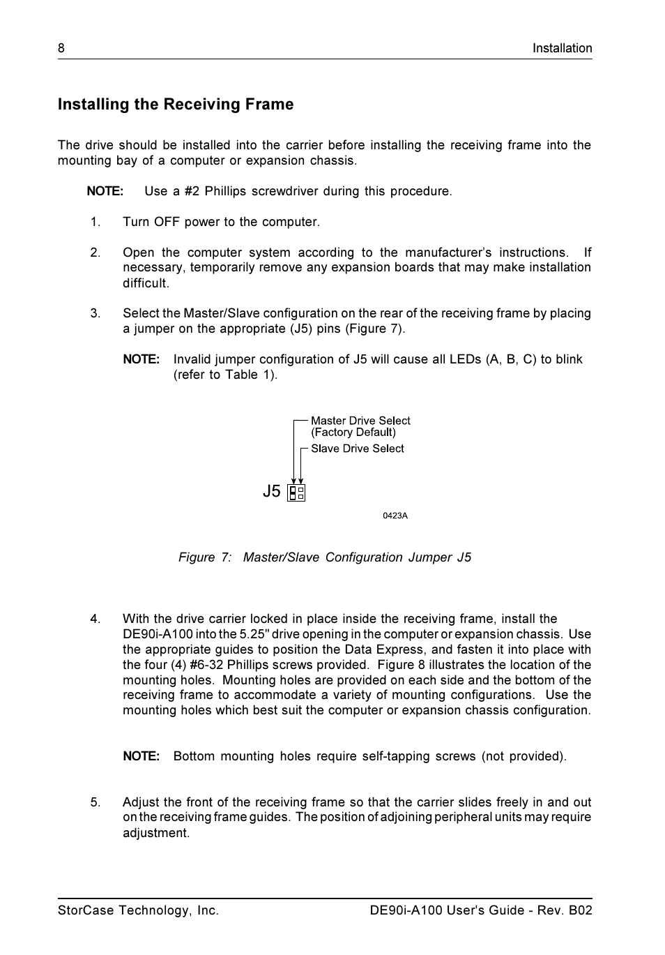 Installing the receiving frame | StorCase Technology DE90i-A100 User Manual | Page 15 / 23