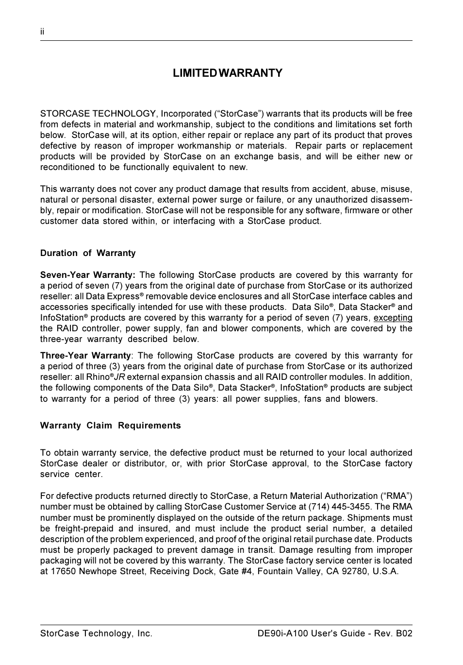 Limited warranty | StorCase Technology DE90i-A100 User Manual | Page 3 / 23