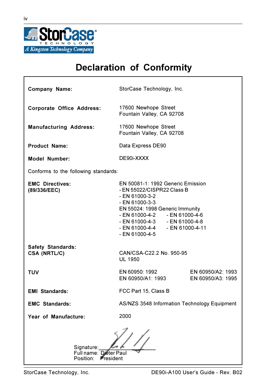 Declaration of conformity | StorCase Technology DE90i-A100 User Manual | Page 5 / 23