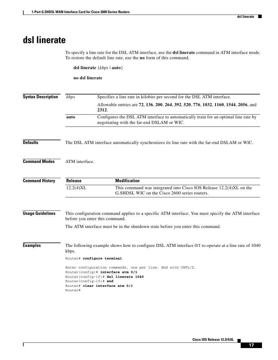 Dsl linerate | Cisco 1-PORT G.SHDSL 2600 User Manual | Page 17 / 22