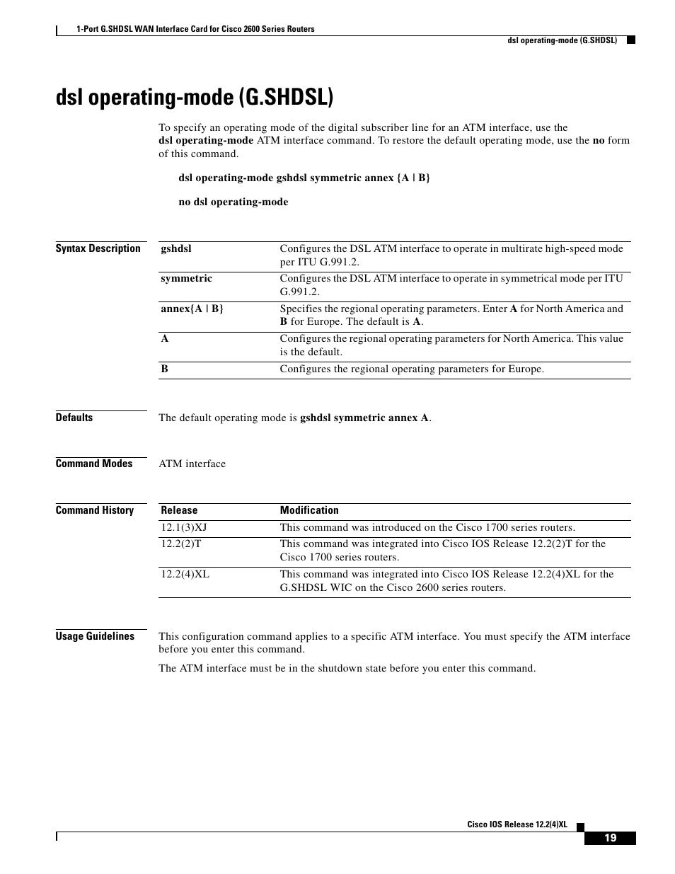 Dsl operating-mode (g.shdsl) | Cisco 1-PORT G.SHDSL 2600 User Manual | Page 19 / 22