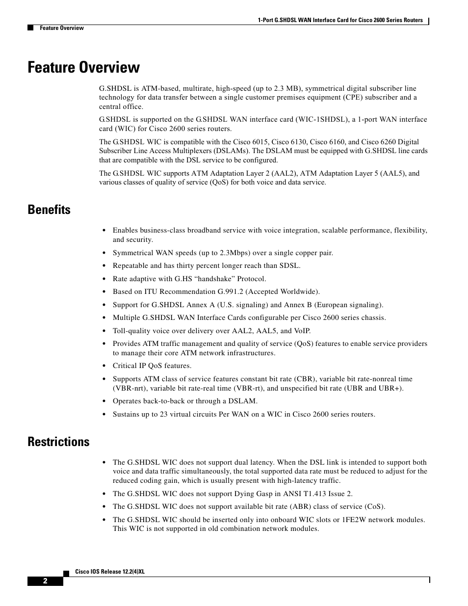Feature overview, Benefits, Restrictions | Cisco 1-PORT G.SHDSL 2600 User Manual | Page 2 / 22