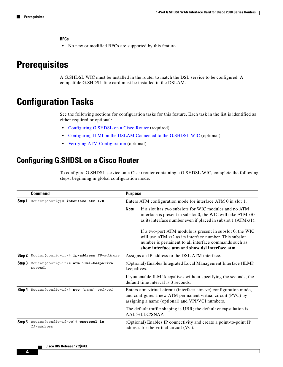 Prerequisites, Configuration tasks, Configuring g.shdsl on a cisco router | Cisco 1-PORT G.SHDSL 2600 User Manual | Page 4 / 22