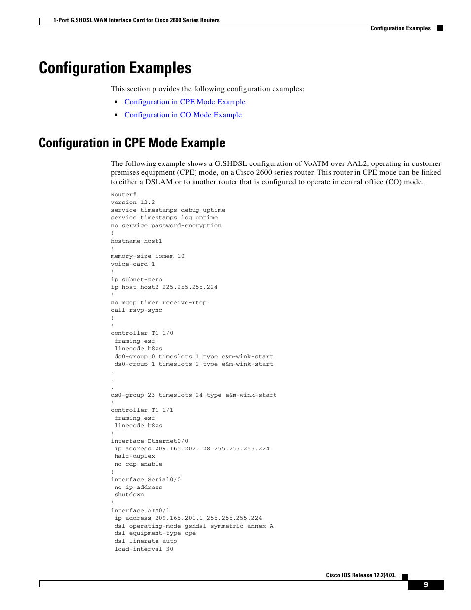 Configuration examples, Configuration in cpe mode example | Cisco 1-PORT G.SHDSL 2600 User Manual | Page 9 / 22