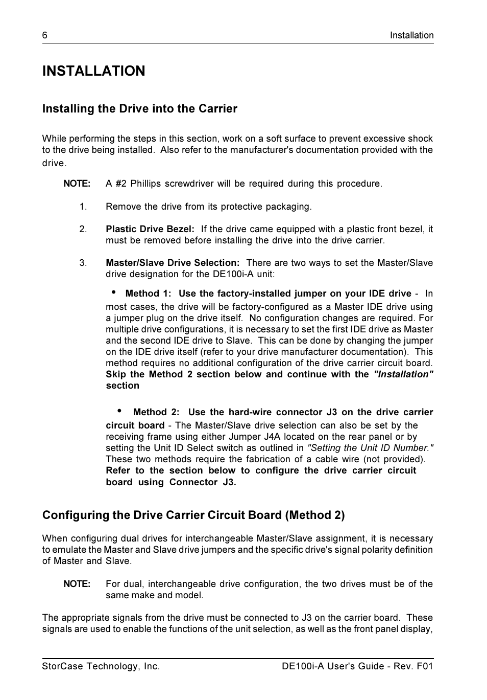 Installation, Installing the drive into the carrier | StorCase Technology DE100i-A User Manual | Page 13 / 33