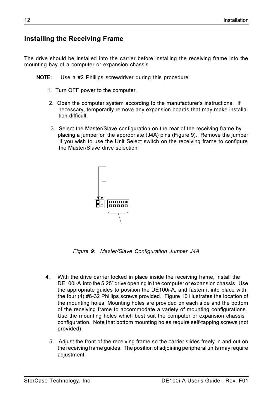 Installing the receiving frame | StorCase Technology DE100i-A User Manual | Page 19 / 33