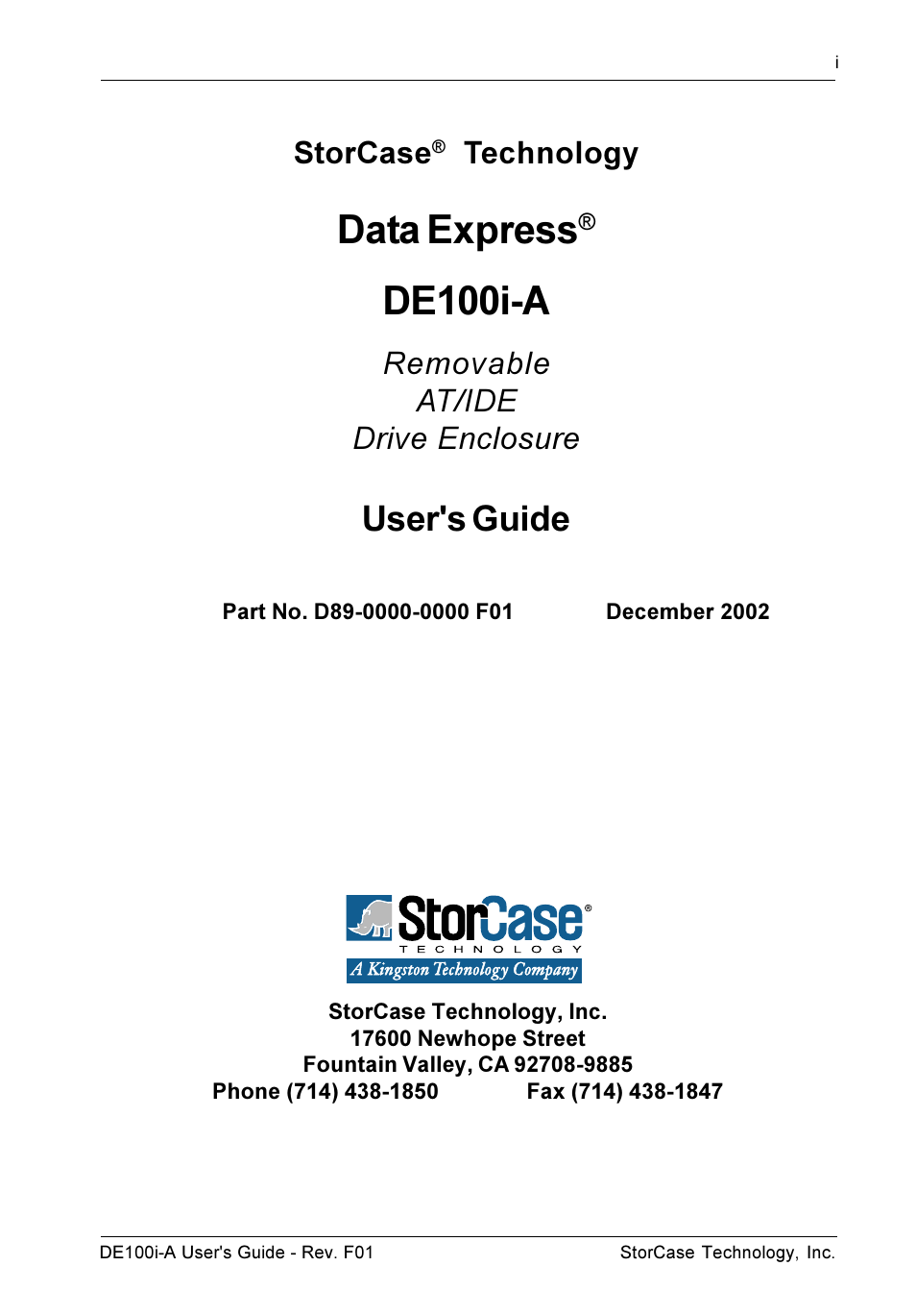 Data express, De100i-a, User's guide | Storcase, Technology, Removable at/ide drive enclosure | StorCase Technology DE100i-A User Manual | Page 2 / 33