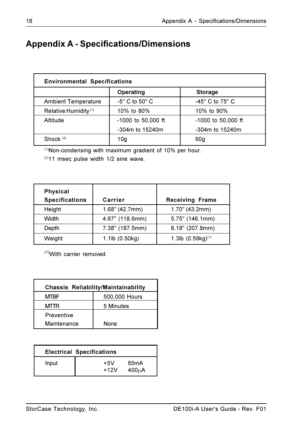 Appendix a - specifications/dimensions | StorCase Technology DE100i-A User Manual | Page 25 / 33