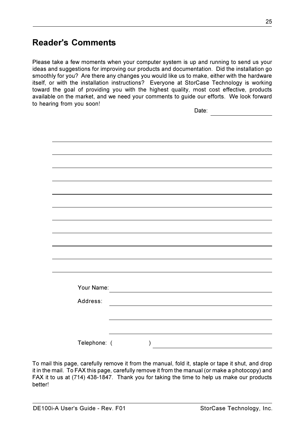 Reader's comments | StorCase Technology DE100i-A User Manual | Page 32 / 33