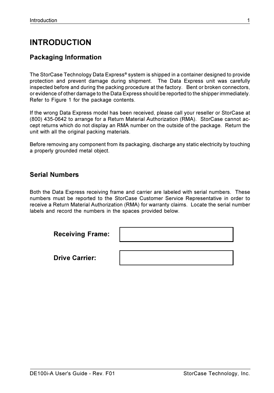 Introduction, Packaging information, Serial numbers | Receiving frame: drive carrier | StorCase Technology DE100i-A User Manual | Page 8 / 33