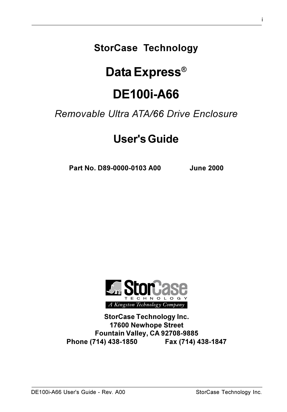 Data express, User's guide, Storcase technology | Removable ultra ata/66 drive enclosure | StorCase Technology DE100i-A66 User Manual | Page 2 / 29