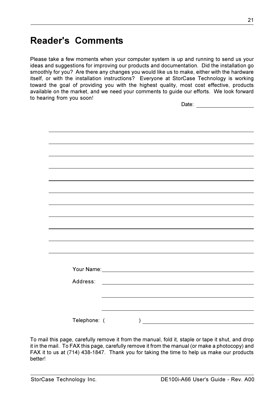 Reader's comments | StorCase Technology DE100i-A66 User Manual | Page 28 / 29