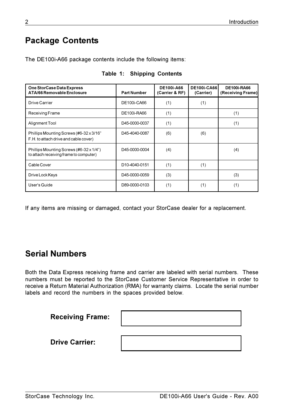 Serial numbers, Package contents, Receiving frame: drive carrier | StorCase Technology DE100i-A66 User Manual | Page 9 / 29
