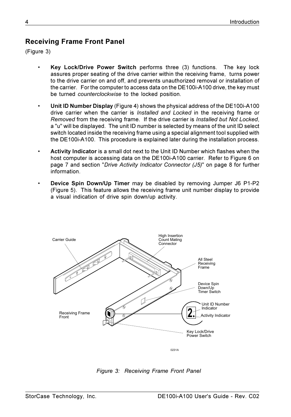 Receiving frame front panel | StorCase Technology DE100i-A100 User Manual | Page 11 / 29