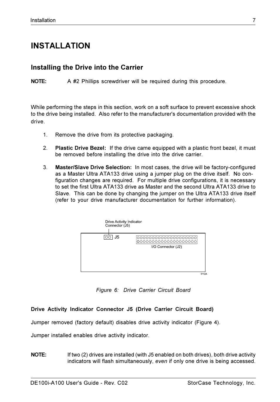 Installation, Installing the drive into the carrier | StorCase Technology DE100i-A100 User Manual | Page 14 / 29