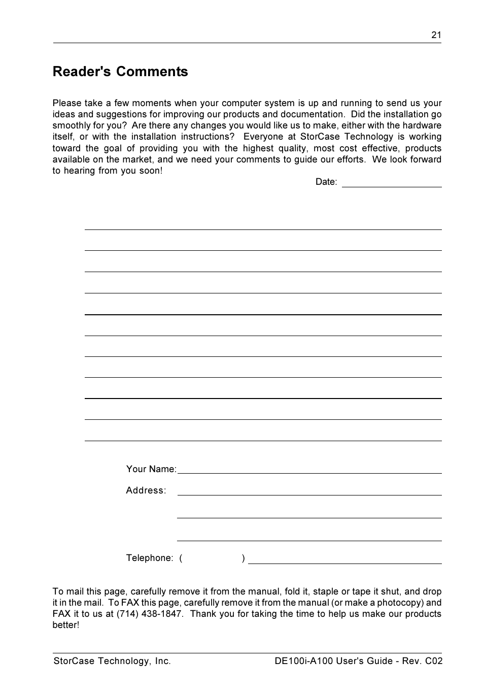 Reader's comments | StorCase Technology DE100i-A100 User Manual | Page 28 / 29