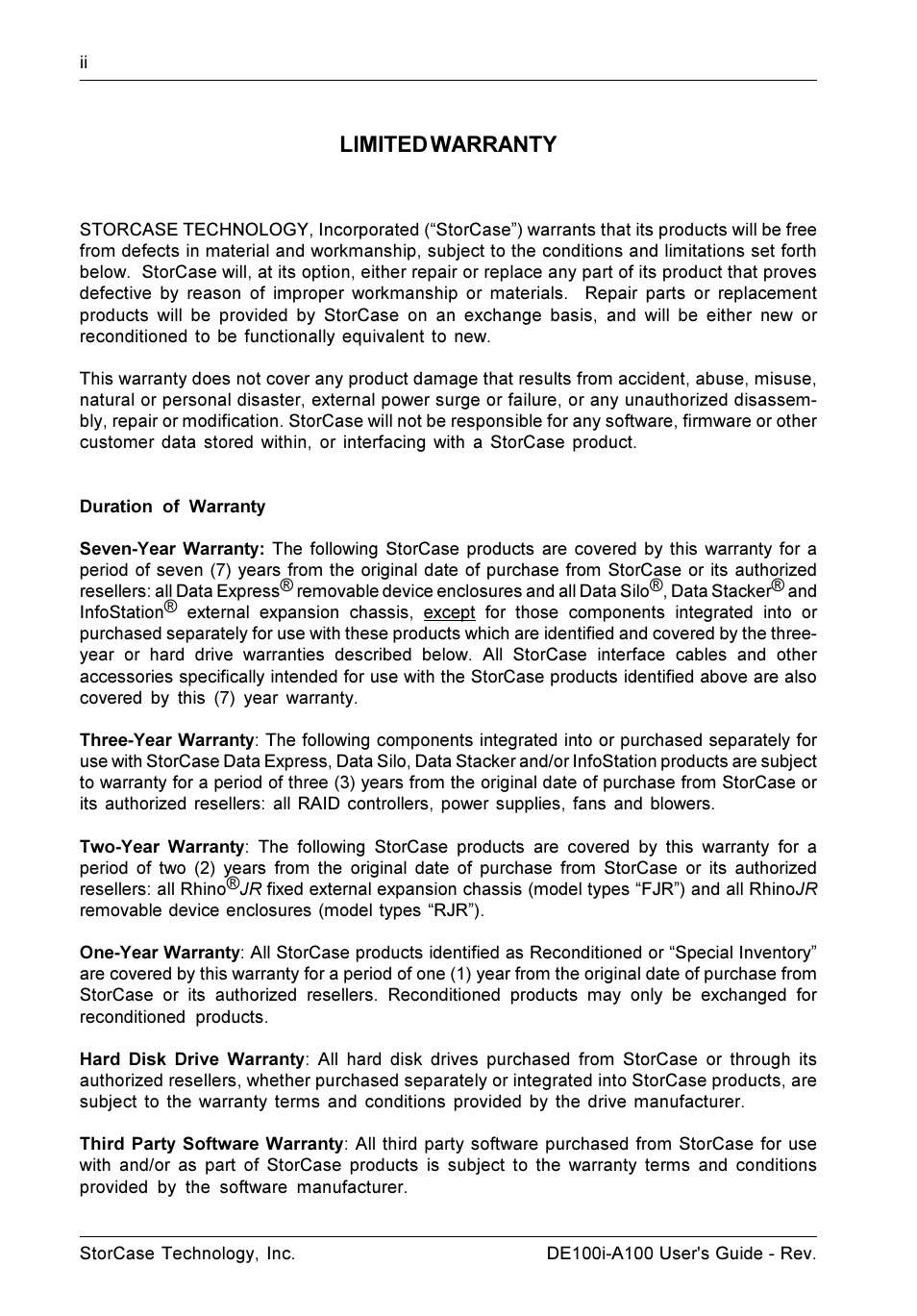 Limited warranty | StorCase Technology DE100i-A100 User Manual | Page 3 / 29