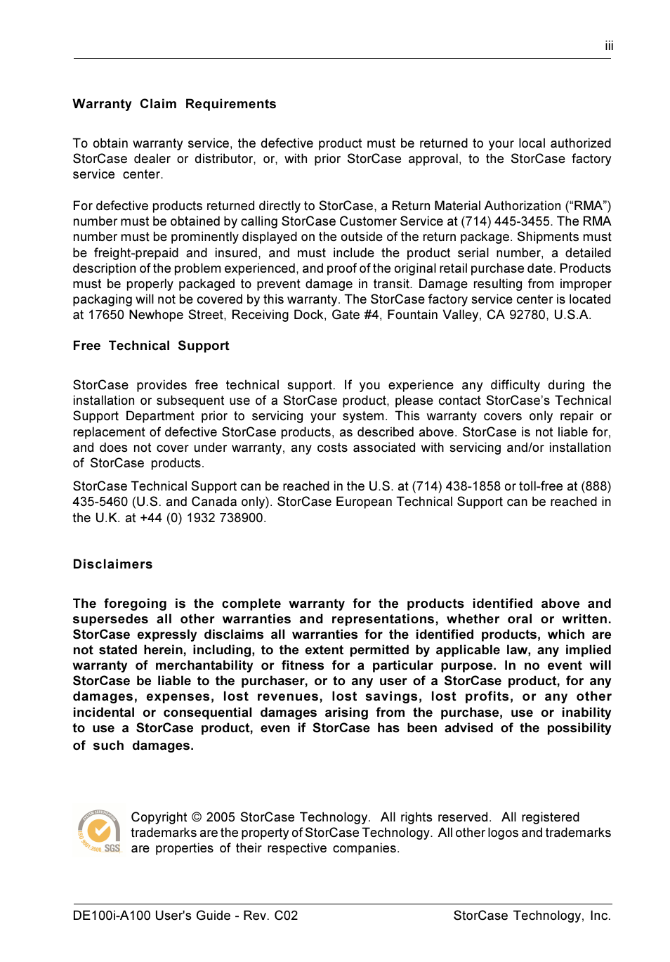 StorCase Technology DE100i-A100 User Manual | Page 4 / 29