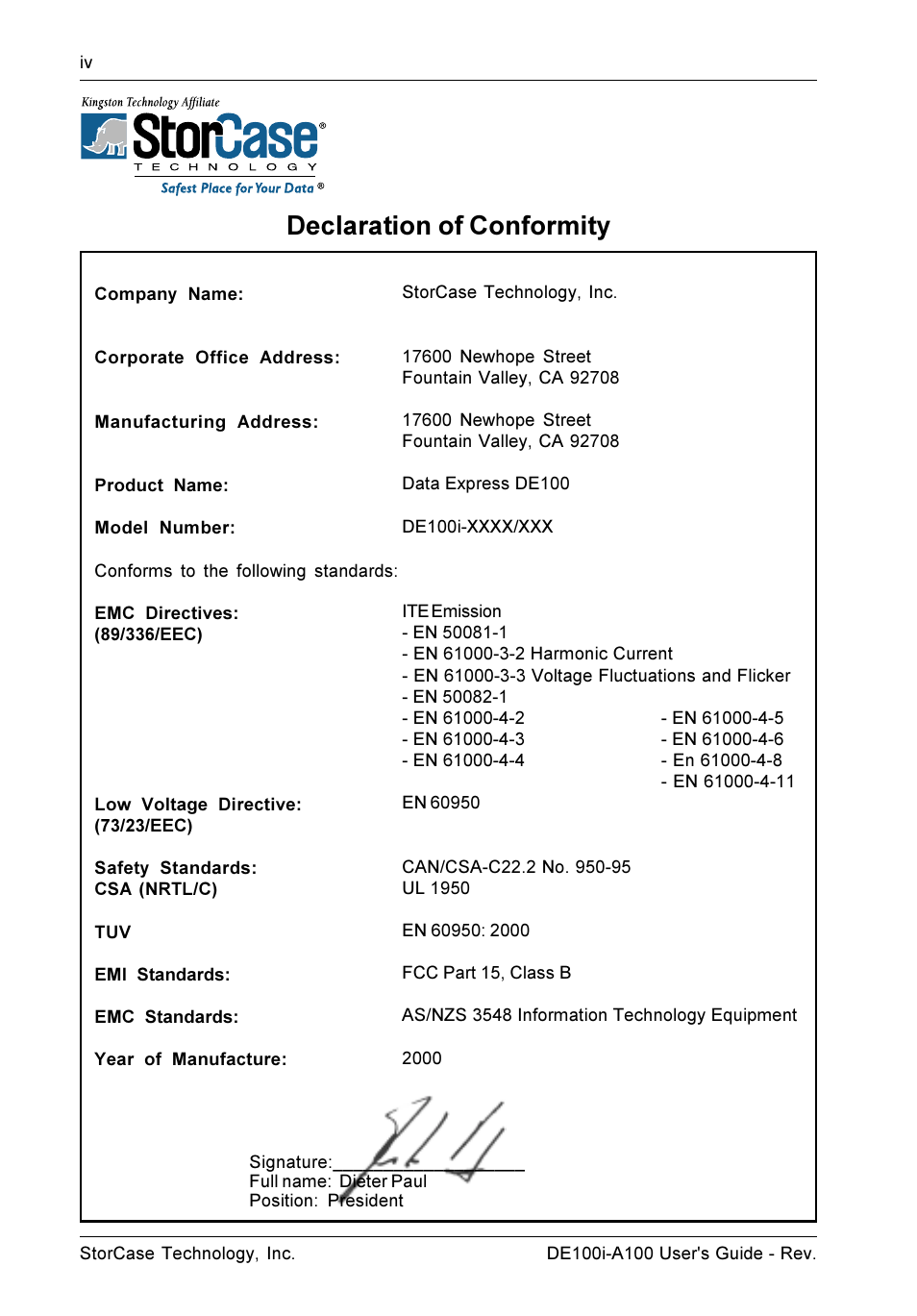 Declaration of conformity | StorCase Technology DE100i-A100 User Manual | Page 5 / 29