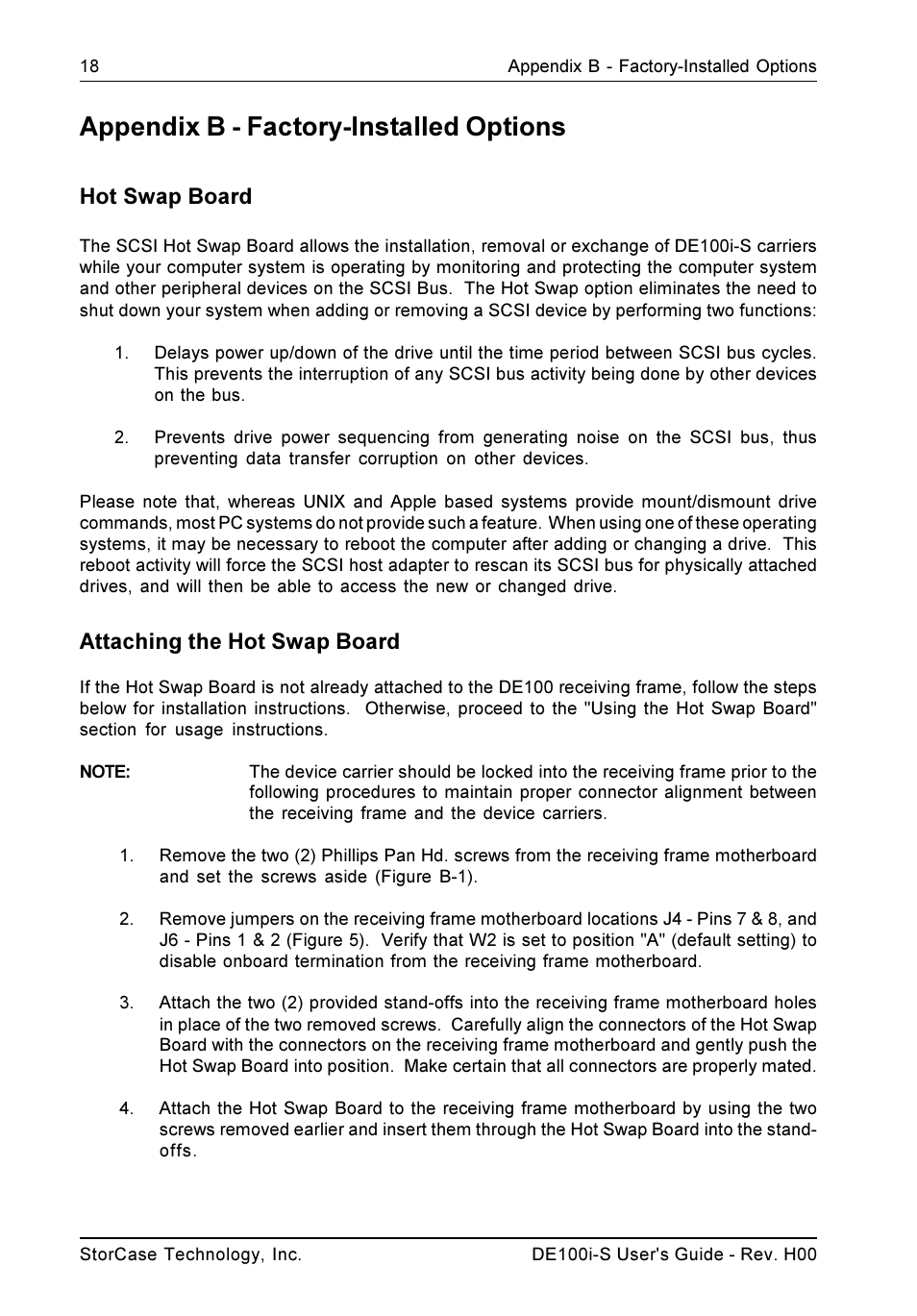 Appendix b - factory-installed options, Hot swap board, Attaching the hot swap board | StorCase Technology DE100i-S User Manual | Page 25 / 39