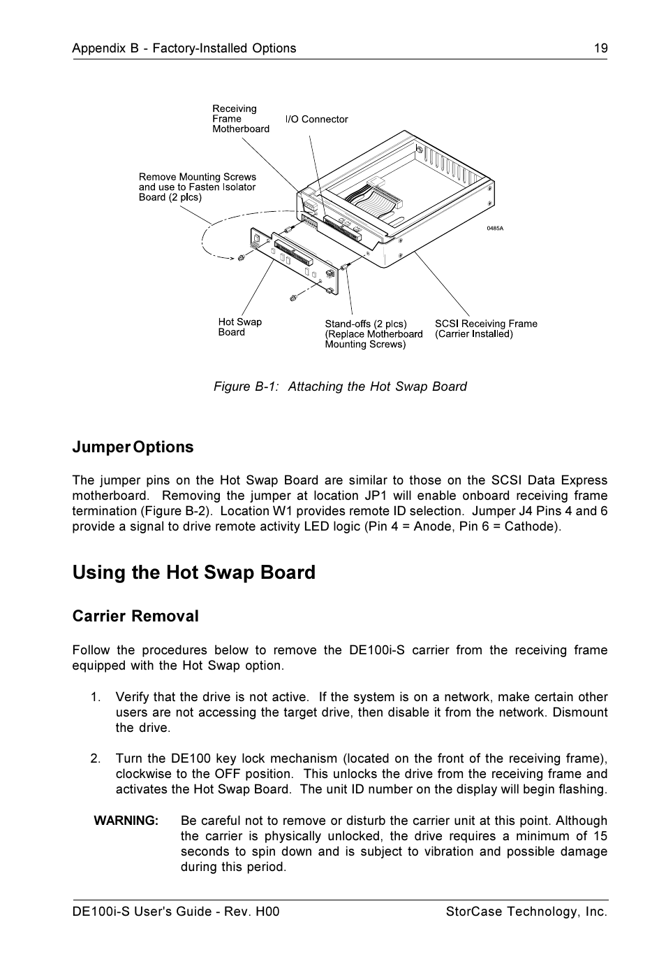 Using the hot swap board, Jumper options, Carrier removal | StorCase Technology DE100i-S User Manual | Page 26 / 39