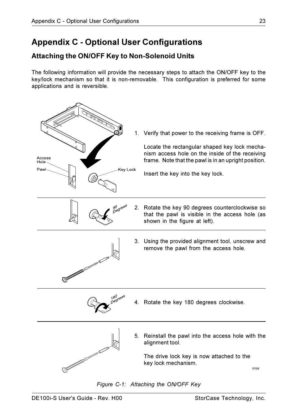 Appendix c - optional user configurations, Attaching the on/off key to non-solenoid units | StorCase Technology DE100i-S User Manual | Page 30 / 39