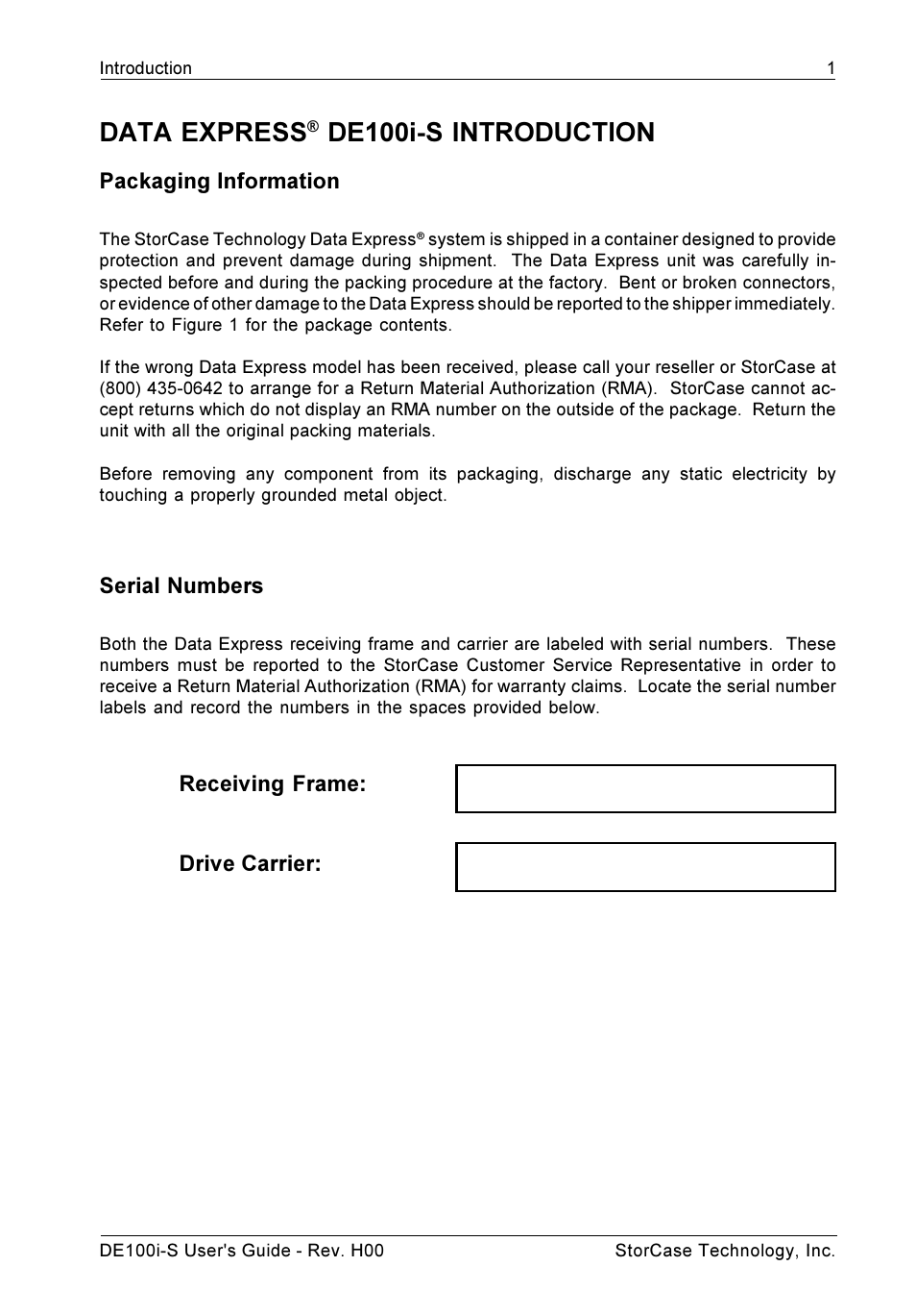 Data express, De100i-s introduction, Packaging information | Serial numbers, Receiving frame: drive carrier | StorCase Technology DE100i-S User Manual | Page 8 / 39