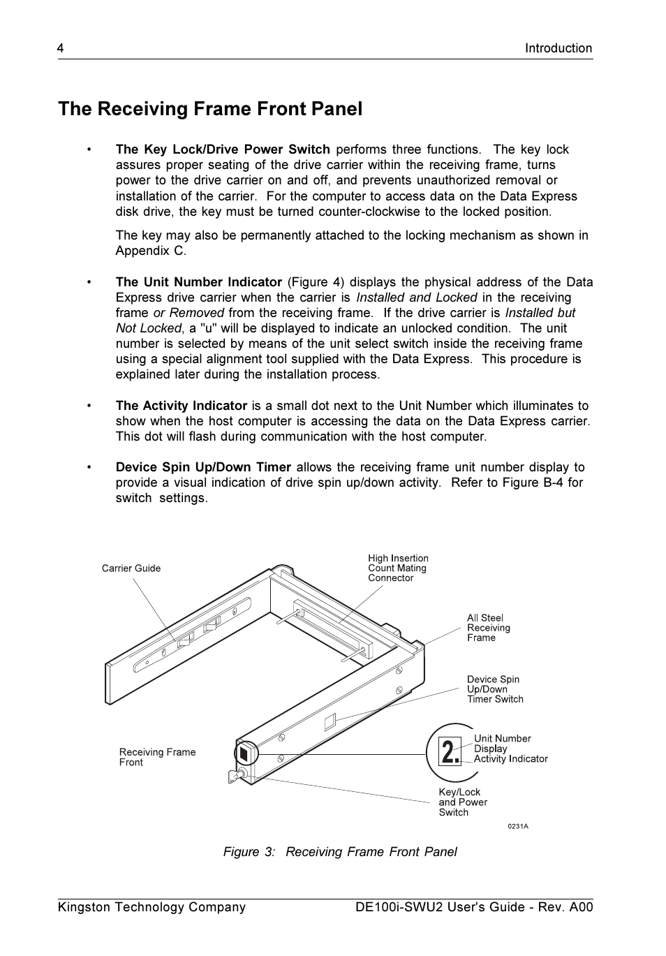 The receiving frame front panel | StorCase Technology DE100i-SWU2 User Manual | Page 11 / 37