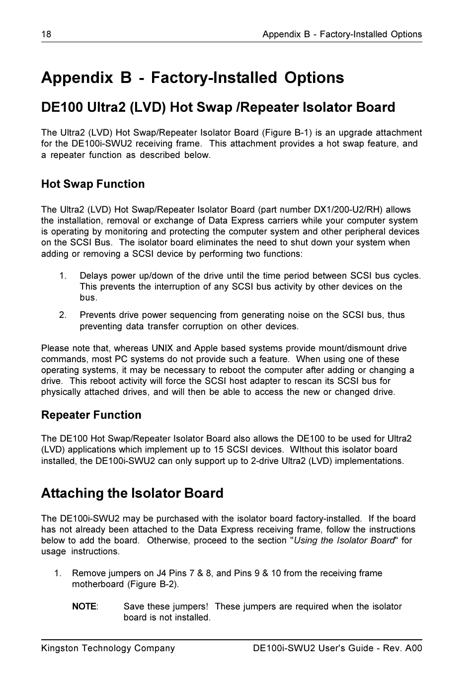 Appendix b - factory-installed options, Attaching the isolator board, Hot swap function | Repeater function | StorCase Technology DE100i-SWU2 User Manual | Page 25 / 37