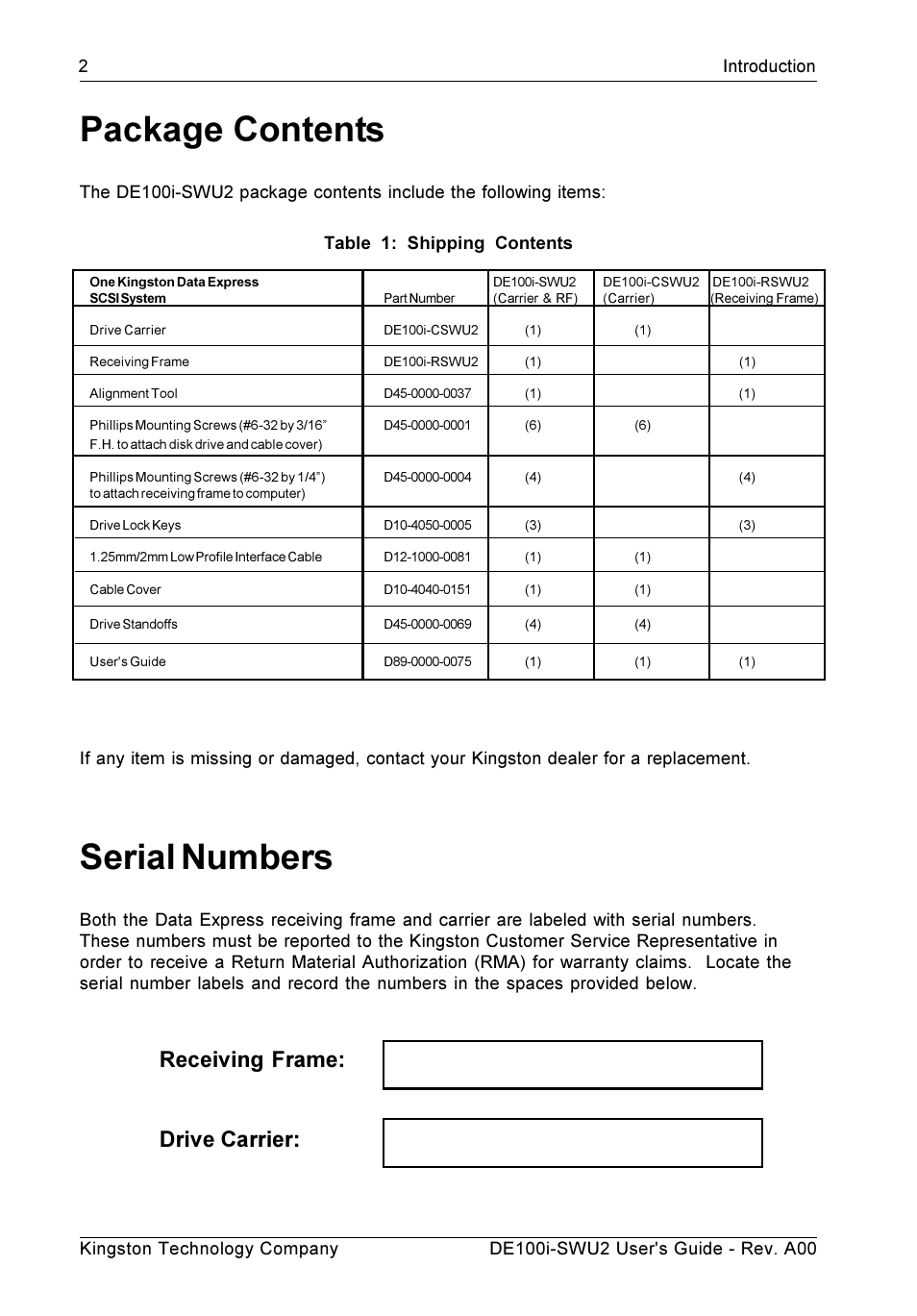 Package contents, Serial numbers, Receiving frame: drive carrier | StorCase Technology DE100i-SWU2 User Manual | Page 9 / 37