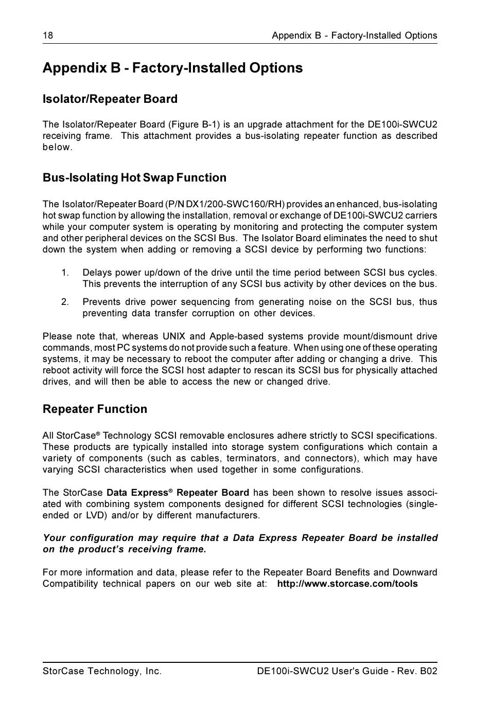 Appendix b - factory-installed options, Isolator/repeater board, Bus-isolating hot swap function | Repeater function | StorCase Technology DE100i-SWCU2 User Manual | Page 25 / 33