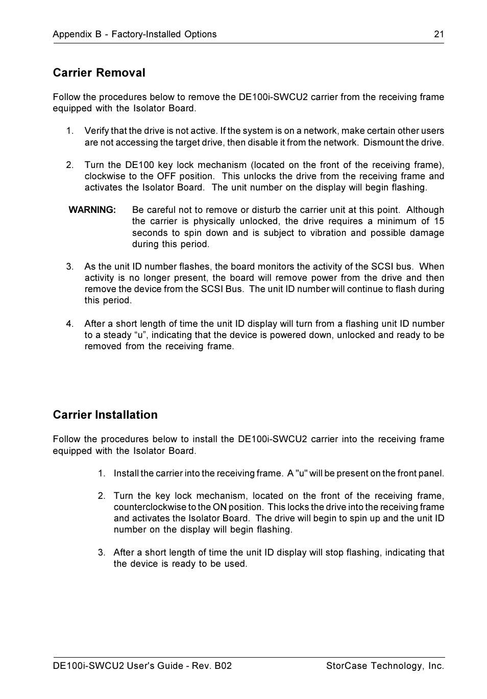 Carrier removal, Carrier installation | StorCase Technology DE100i-SWCU2 User Manual | Page 28 / 33