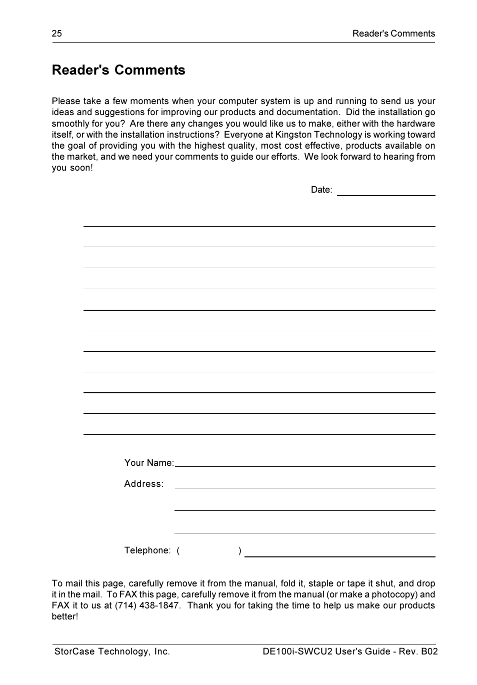 Reader's comments | StorCase Technology DE100i-SWCU2 User Manual | Page 32 / 33