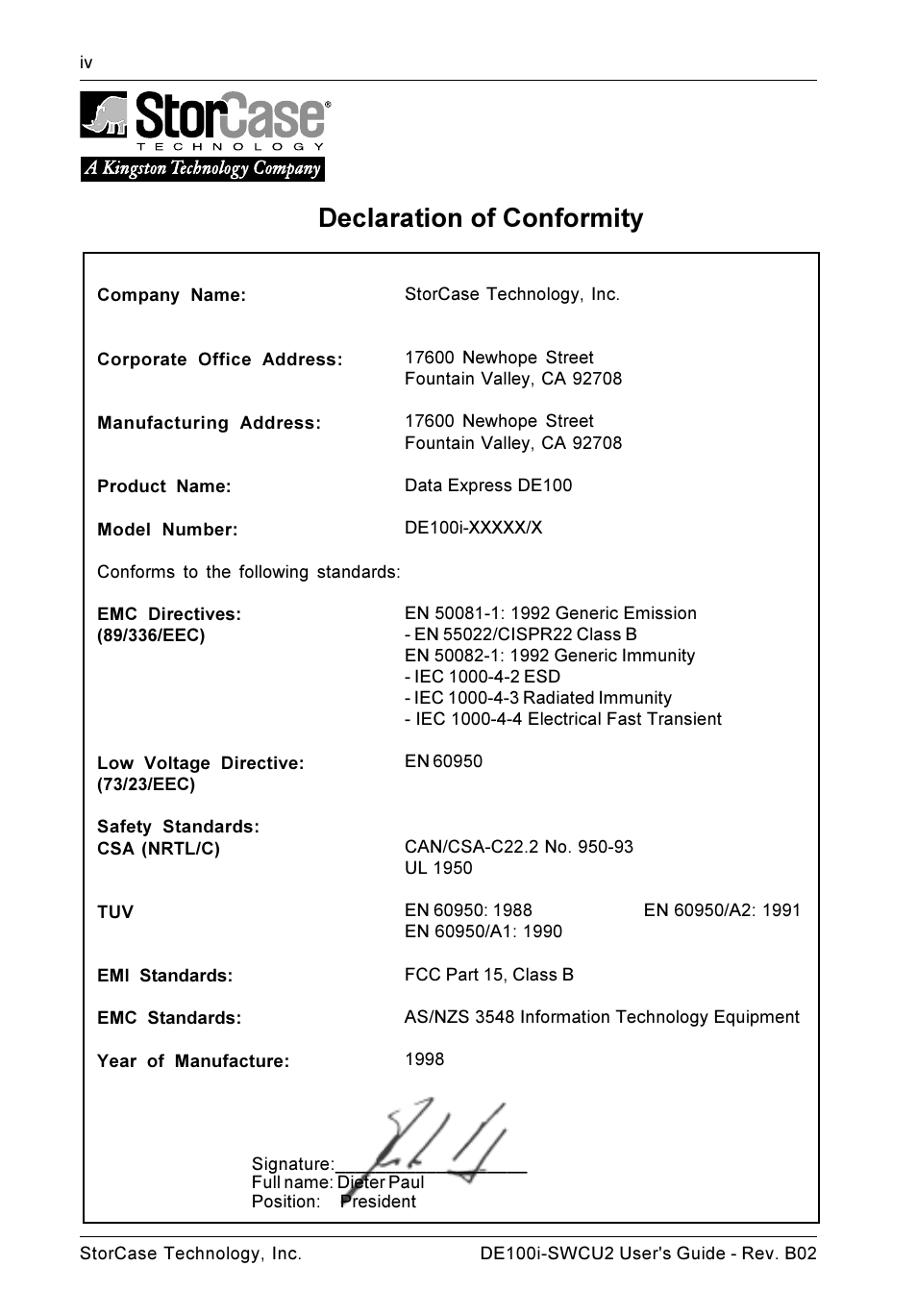 Declaration of conformity | StorCase Technology DE100i-SWCU2 User Manual | Page 5 / 33