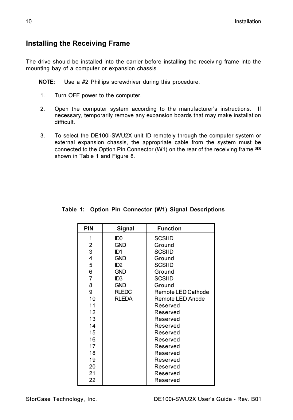 Installing the receiving frame | StorCase Technology DE100i-SWU2X User Manual | Page 17 / 35