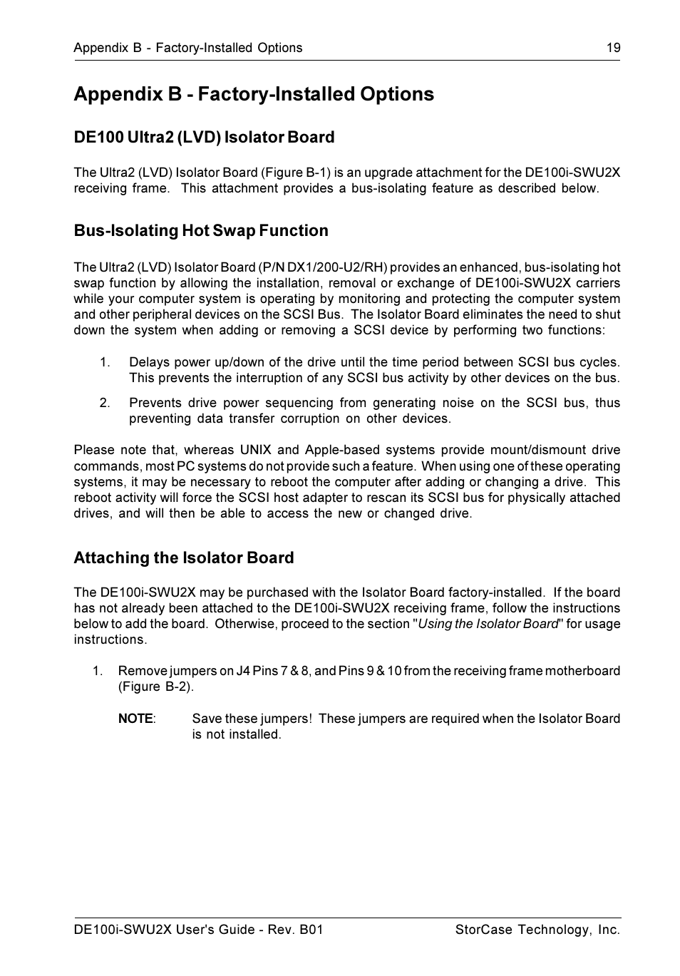 Appendix b - factory-installed options, De100 ultra2 (lvd) isolator board, Bus-isolating hot swap function | Attaching the isolator board | StorCase Technology DE100i-SWU2X User Manual | Page 26 / 35
