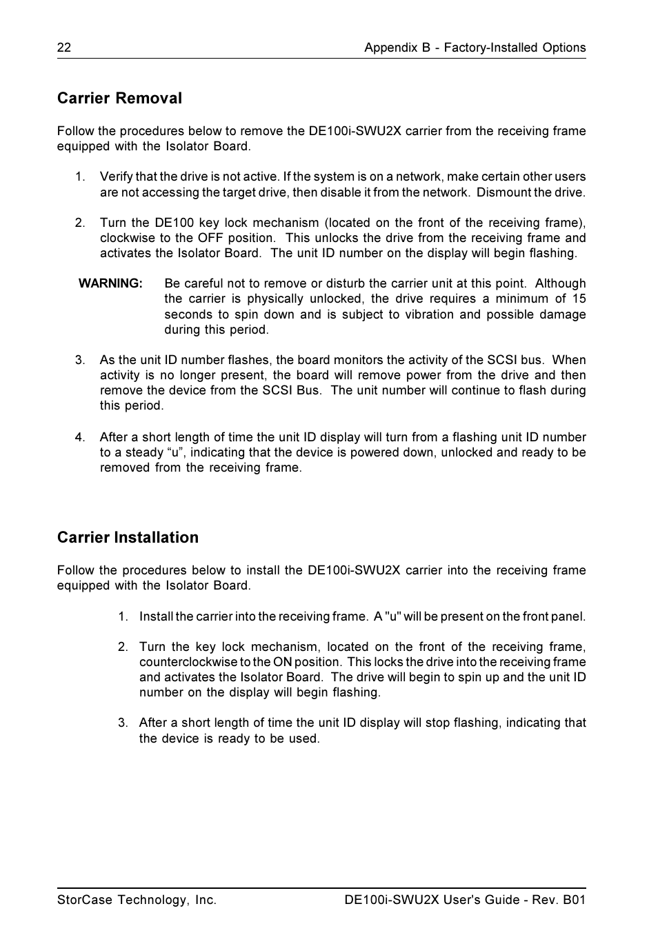 Carrier removal, Carrier installation | StorCase Technology DE100i-SWU2X User Manual | Page 29 / 35
