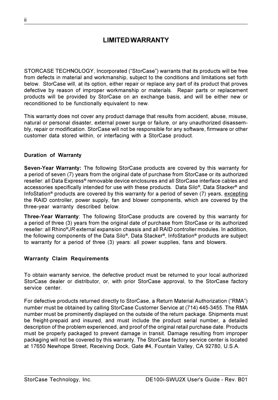 Limited warranty | StorCase Technology DE100i-SWU2X User Manual | Page 3 / 35