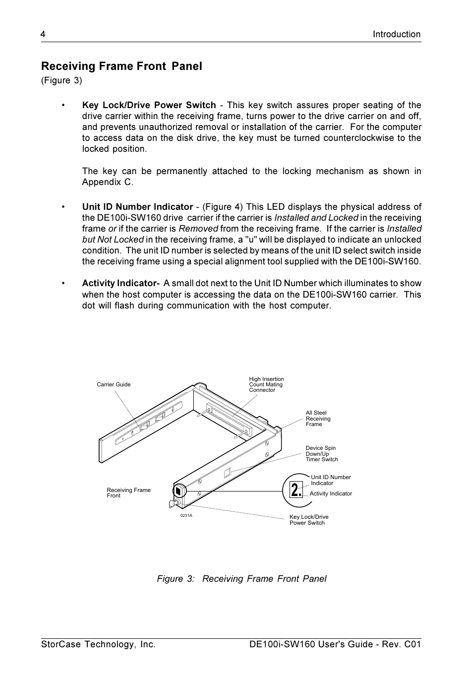 Receiving frame front panel | StorCase Technology DE100i-SW160 User Manual | Page 11 / 35