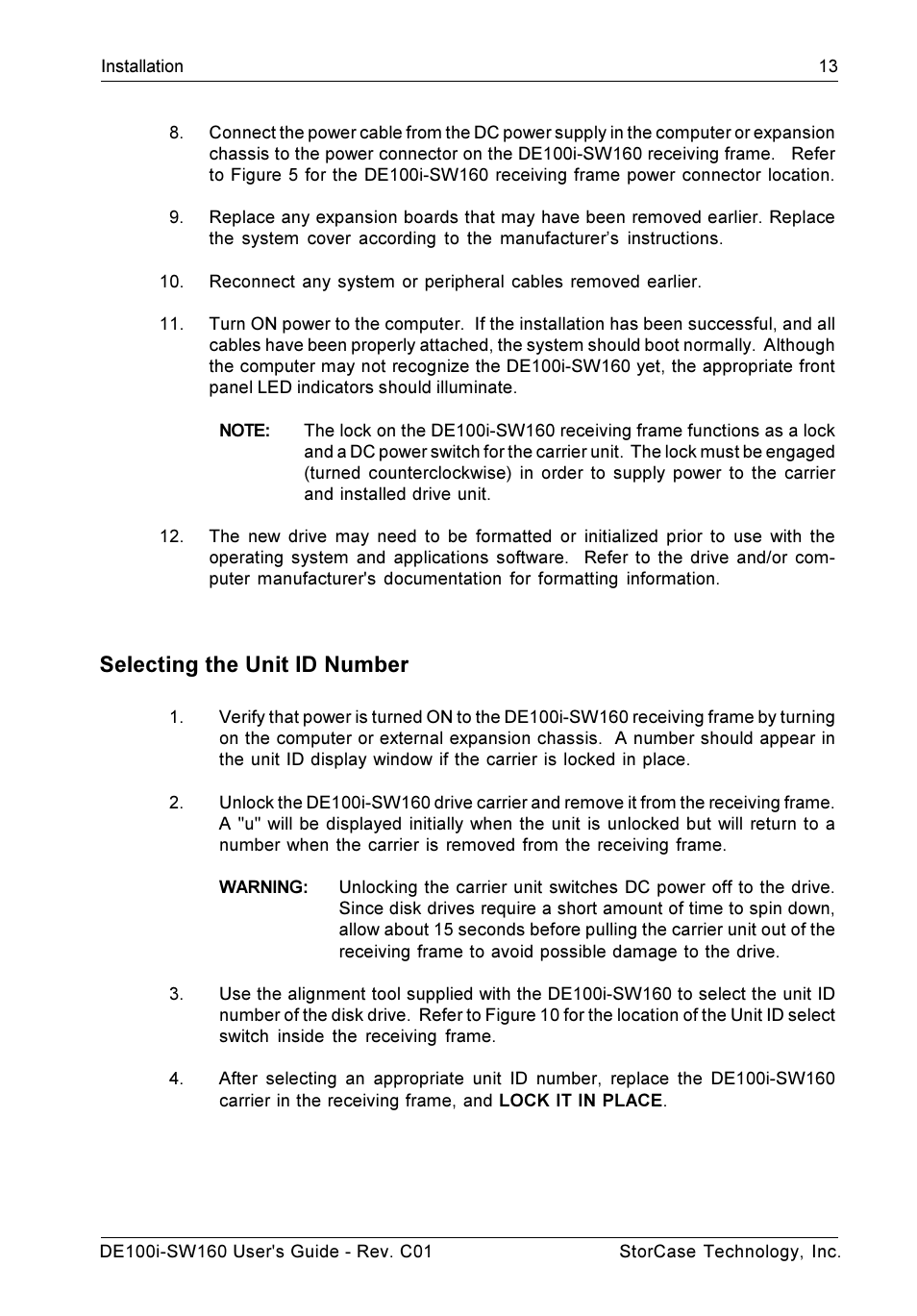 Selecting the unit id number | StorCase Technology DE100i-SW160 User Manual | Page 20 / 35