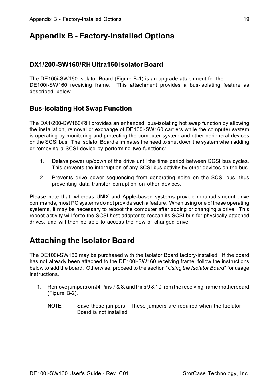 Appendix b - factory-installed options, Attaching the isolator board, Bus-isolating hot swap function | StorCase Technology DE100i-SW160 User Manual | Page 26 / 35