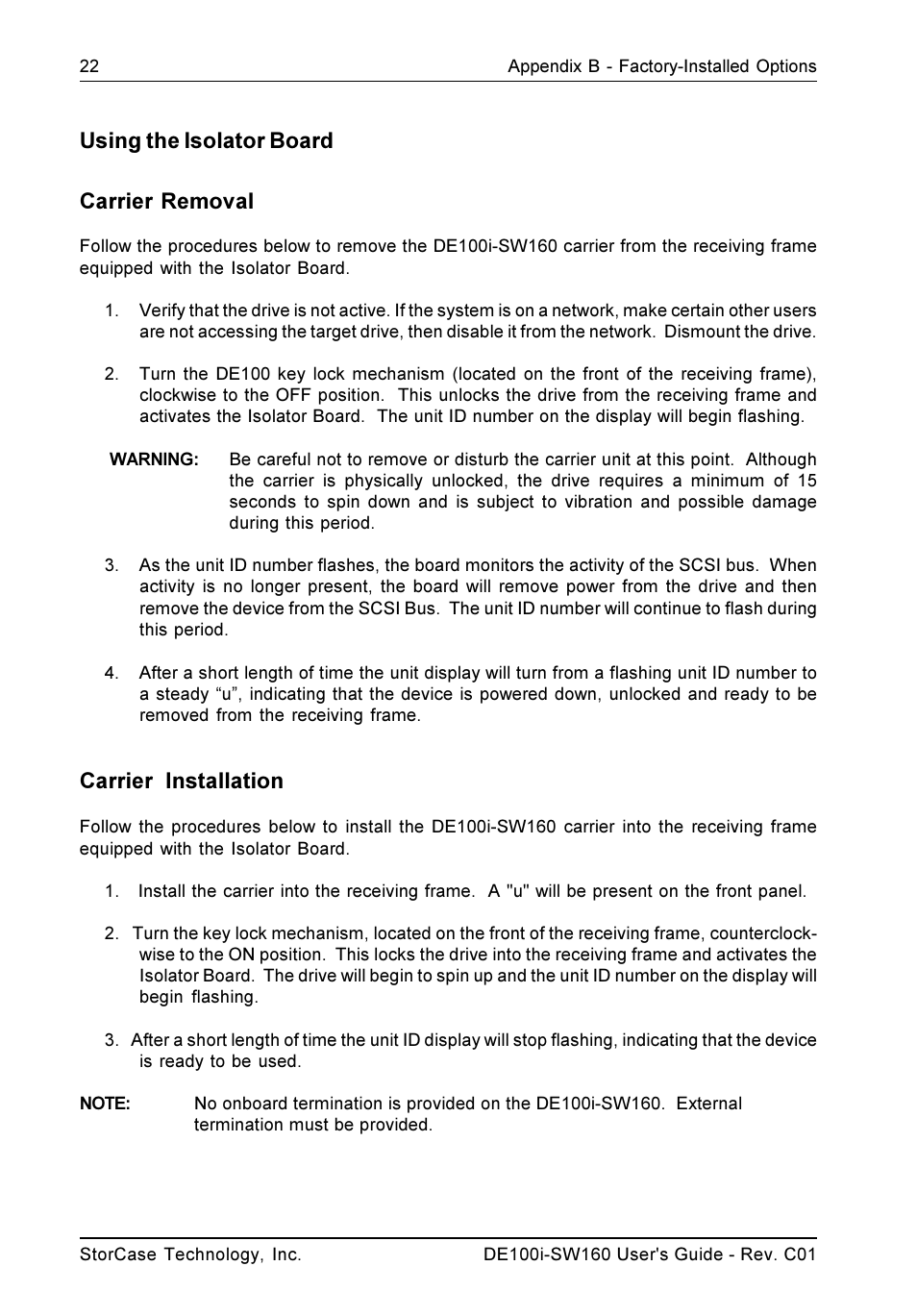 Using the isolator board carrier removal, Carrier installation | StorCase Technology DE100i-SW160 User Manual | Page 29 / 35