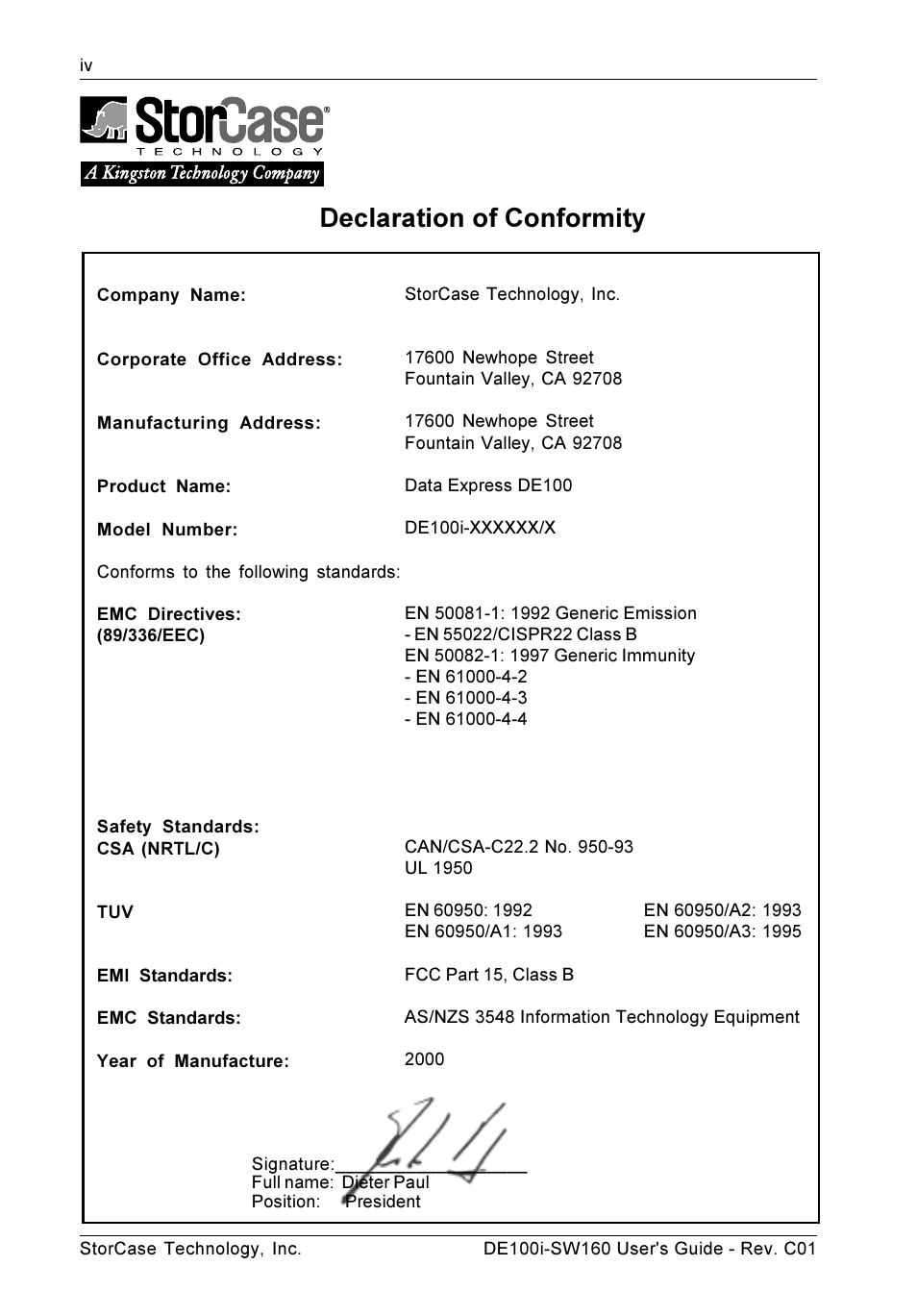 Declaration of conformity | StorCase Technology DE100i-SW160 User Manual | Page 5 / 35