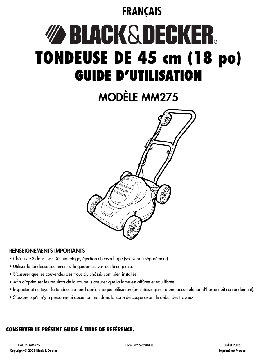 Tondeuse de 45 cm (18 po), Ggu uiid dee d d’’u uttiilliissa attiio on n, Français modèle mm275 | Cisco MM275 User Manual | Page 7 / 20