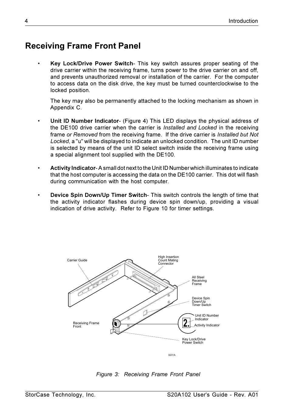 Receiving frame front panel, Figure 3: receiving frame front panel | StorCase Technology S20A102 User Manual | Page 11 / 33