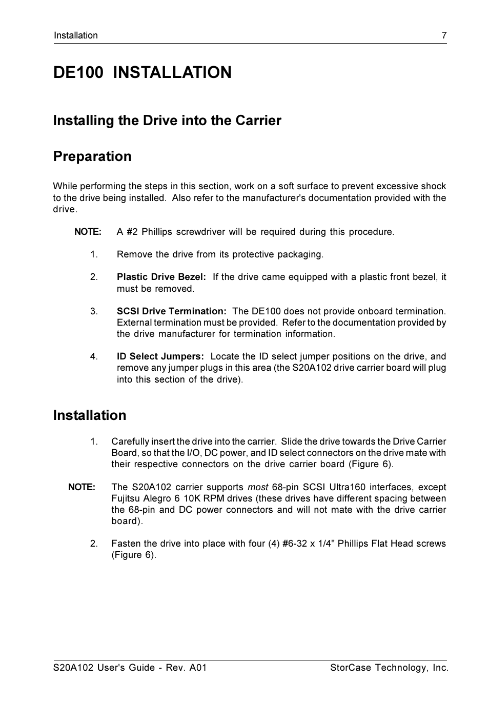 Installation, Installing the drive into the carrier, De100 installation | Installing the drive into the carrier preparation | StorCase Technology S20A102 User Manual | Page 14 / 33