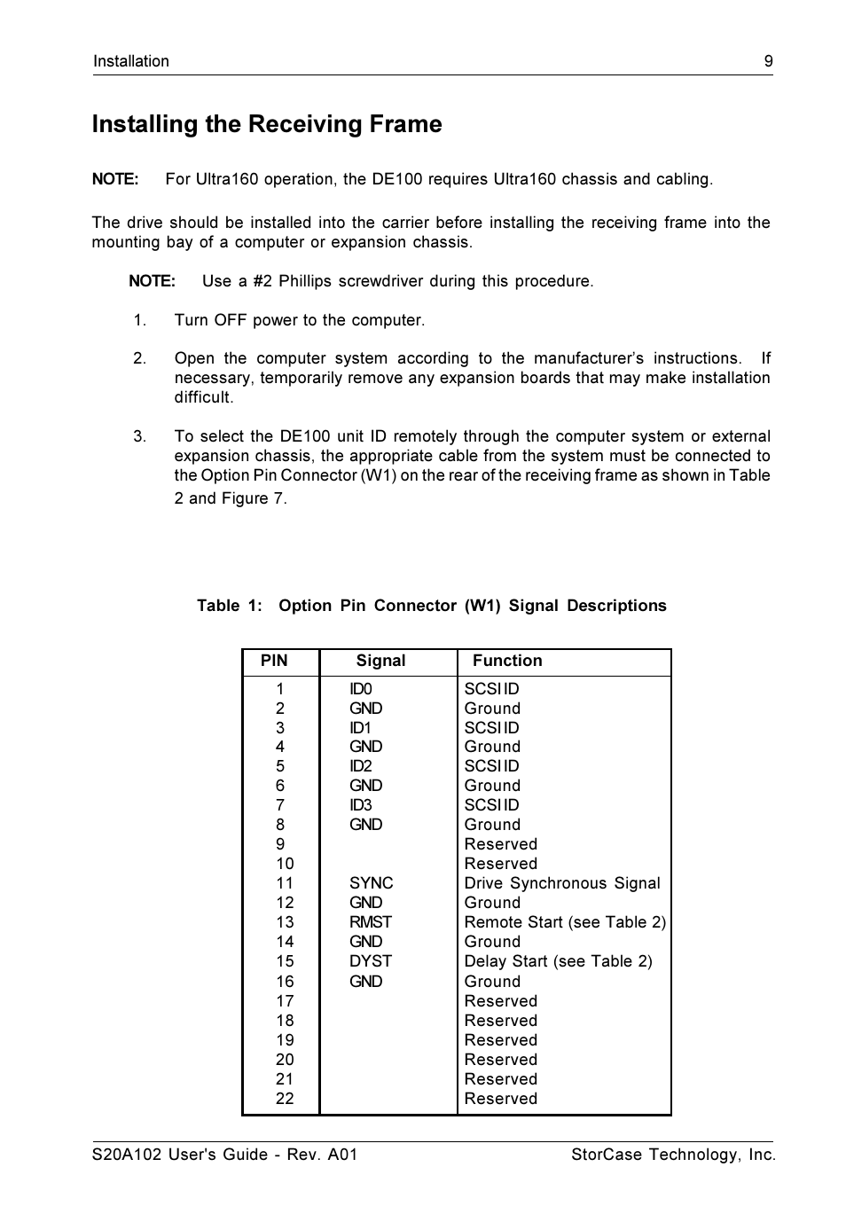 Installing the receiving frame | StorCase Technology S20A102 User Manual | Page 16 / 33