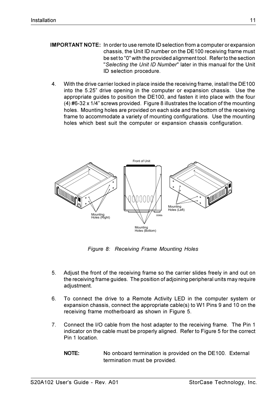 Figure 8: receiving frame mounting holes | StorCase Technology S20A102 User Manual | Page 18 / 33