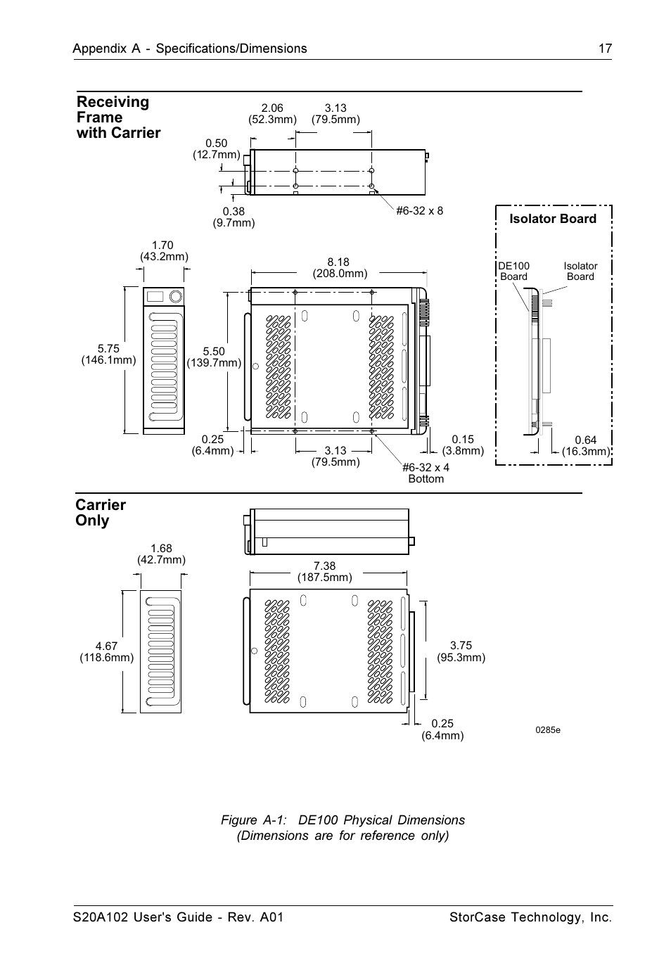 Figure a-1: de100 physical dimensions, Receiving frame with carrier carrier only | StorCase Technology S20A102 User Manual | Page 24 / 33
